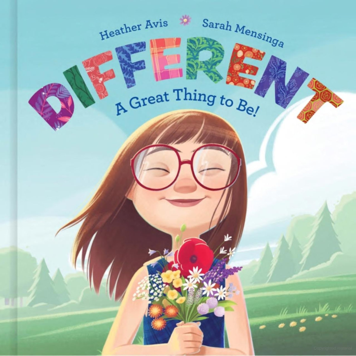Different A Great Thing To Be book cover. Features a young girl with straight long brown hair, white skin, and glasses. Her eyes are closed and she holds a bouquet of wildflowers just under her chin. Her hair blows in the wind. 